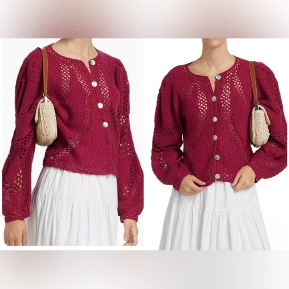 New! FARM Rio Flower Crochet Knit Burgundy Rec Cardigan ♥️ Small NWT! - Picture 1 of 12